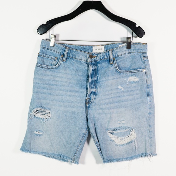 Frame Denim Women's Le Slouch Bermuda Cotton Distressed Raw Edge Hem Jean Shorts - Picture 1 of 4